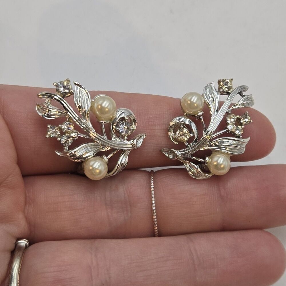 Vintage Lisner Earrings Rhinestone Faux Pearl Silver Tone Clip On Mid Century